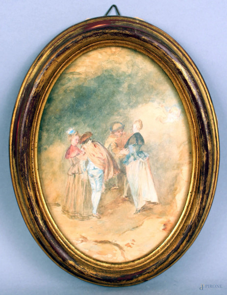 Scena di corteggiamento , acquarello su carta, cm. 18x12, ad assetto ovale, XIX secolo, entro cornice,