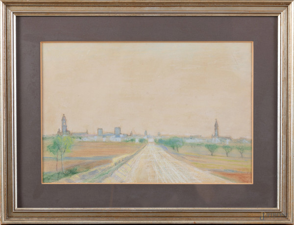 Paesaggio, XX secolo, pastello su cartone, cm 42x57 compreso passepartout, entro cornice, (supporto imbarcato)