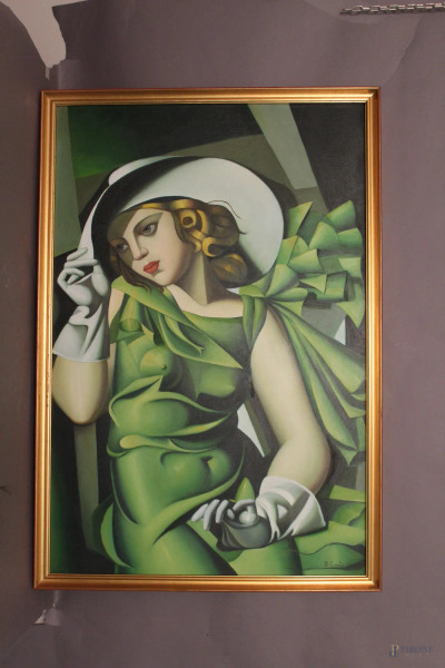 Omaggio a Tamara De Lempicka, Donna Liberty, olio su tela firmato B. Conti, cm 90 x 70, entro cornice.