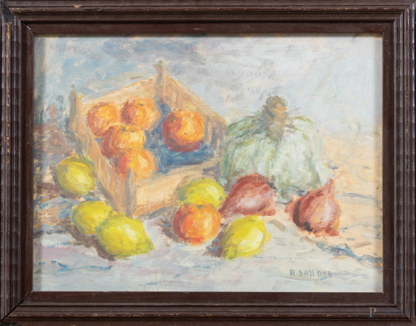 Natura morta, XX secolo, olio su faesite, cm 23x30, firmato in basso a destra, entro cornice, (segni di usura, difetti)