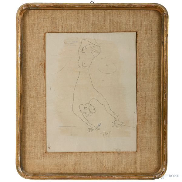 Franco Rognoni (Milano 1913-1999) Senza Titolo, inchiostro su carta, cm 34x26, entro cornice, firmato e datato "43" in basso a destra,(difetti)