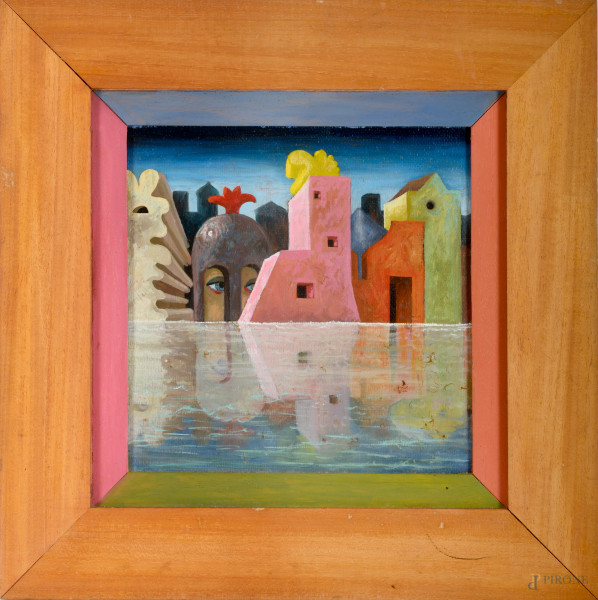 La città che si specchia, olio su tela, cm 30,5x30,5, retro firmato titolato e datato "Lithian Ricci 1994", entro cornice
