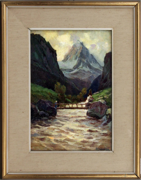 Lorenzo Gignous - Passeggiata sul pendio del Monte Bianco, olio su cartone 30x20 cm, entro cornice