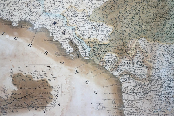 Lotto di sei mappe del territorio italiano, incisioni, XVIII secolo, misure max cm 39,5x52, entro...
