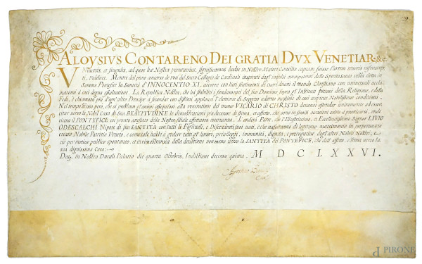Aloysius Contareno dei gratia Dux Venetiar. & c., documento su carta pergamena, datato 1676, cm 46x64, (macchie).