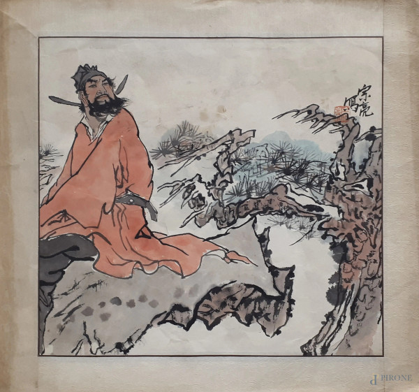 Maestro orientale dell’800, Paesaggio con samurai, raffinato dipinto ad acquarello su carta, cm 42x44, firmato con ideogrammi e timbro