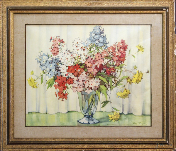 Vaso con fiori, acquarello su carta, 60x75 cm, entro cornice firmato.