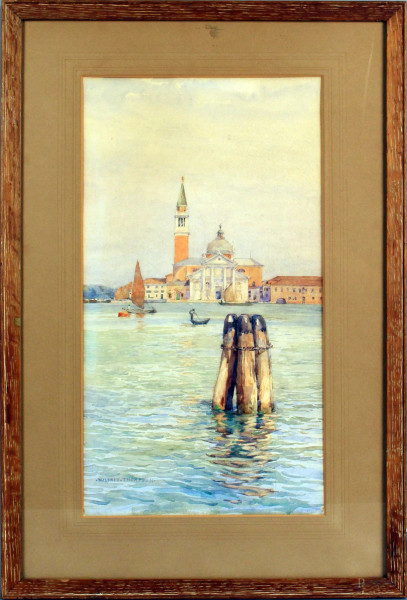 Scorcio di Venezia, acquarello su carta, cm. 45,5x24,5, firmato Wilfred Thomson, entro cornice.