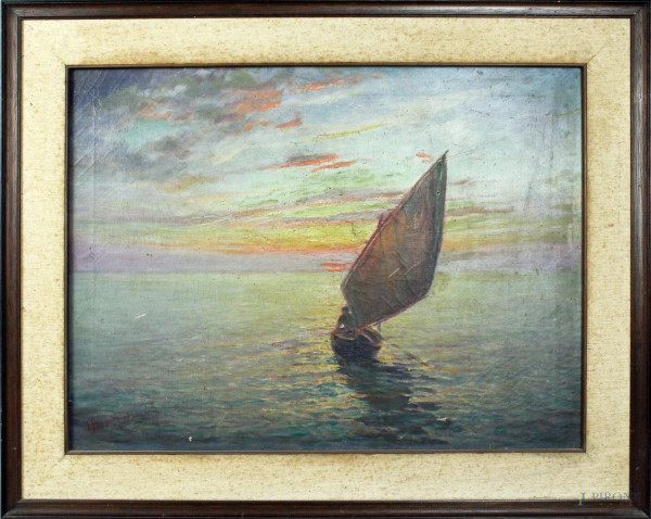 Marina con imbarcazione, olio su tela, cm. 46x63, entro cornice.