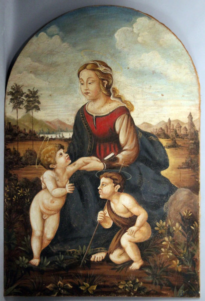 Sacra Famiglia con san Giovannino, dipinto ad affresco riportato su tela, 178x118 cm, XIX sec.