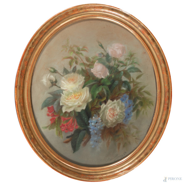 Composizione floreale, pastelli su carta applicata su tela a serto ovale, cm 56x46, firmato e datato "1868" in basso a destra, entro cornice , (lievi segni di usura, ondulazioni della carta, difetti)