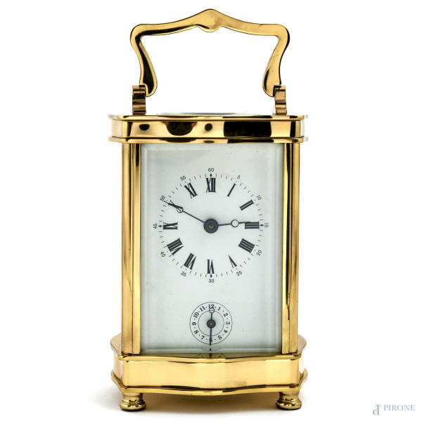 Orologio cappuccina in bronzo con quadrante a smalto con numeri romani, cm 17x7x5,5, (da revisionare)
