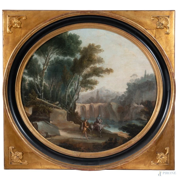 Attribuito a Vittorio Amadeo Gaetano Cignaroli (1730-1800), Fuga in Egitto, olio su tela ottagonale, cm 64x70, entro cornice, (craquelure, sollevamenti di colore)