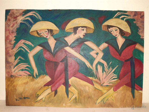 La raccolta del riso, dipinto ad olio su tavola 45x31 cm.