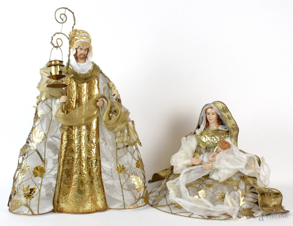 Madonna con bambino e San Giuseppe, sculture in ferro battuto e resina, altezza cm. 52, XX secolo