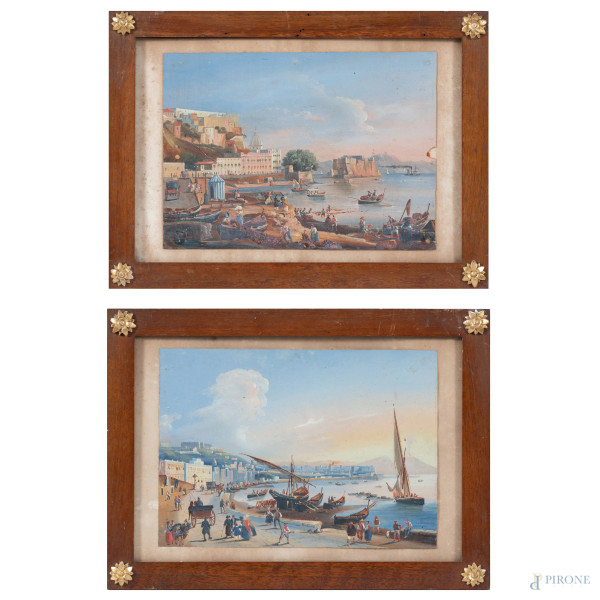 Coppia di vedute di Napoli, XIX secolo, tecnica mista su carta, cm 19,5x27, entro cornice, (lievi tracce di umidità, lacerazioni)