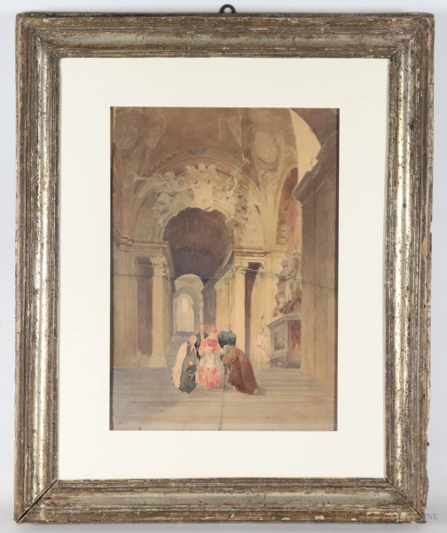 Interno con cardinale e monaco, XIX secolo, tecnica mista su cartoncino, cm 60x47 compreso passepartout, entro cornice, (segni di usura, lacerazioni, restauri, tracce di umidità, difetti)