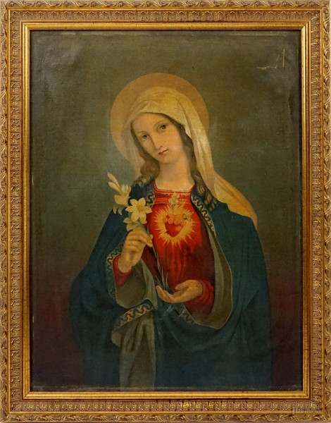 Madonna del Sacro Cuore, oleografia su tela, cm 50x38,5, fine XIX-inizi XX secolo, entro cornice, (difetti).