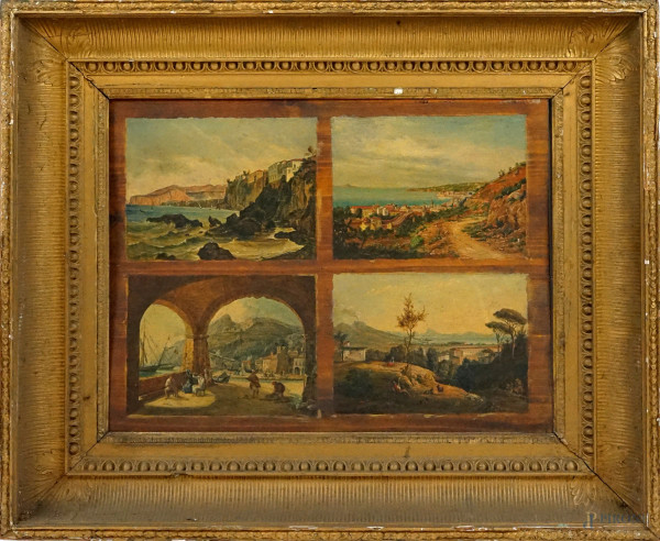 Quattro vedute del Golfo di Napoli, olio su tavola, cm 43x56, seconda metà del XIX secolo, entro cornice