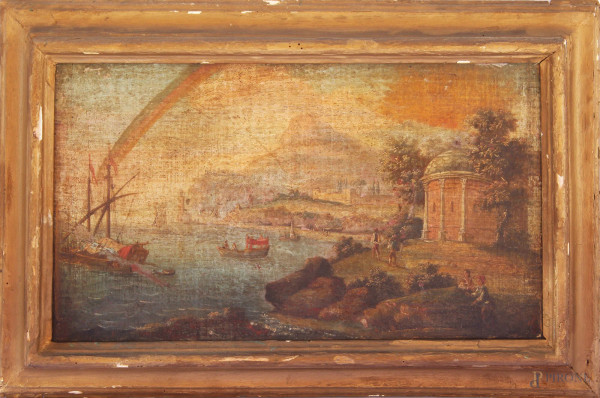Capriccio con veduta costiera, antico dipinto ad olio su tela, cm 30 x 53, entro cornice.