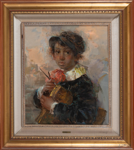 Giacomo Moretti, Ritratto di giovane pittore, olio su tela, cm 74x54, firmato in basso a  sinistra, entro cornice