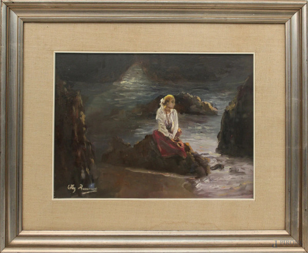 Donna sugli scogli, olio su cartone, cm 28 x 39, firmato, entro cornice.