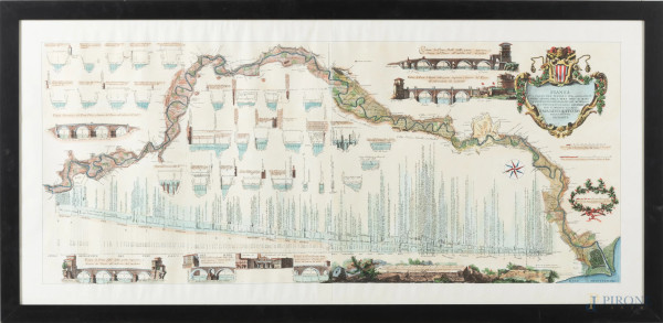 Pianta del corso del Tevere […] per comando di N.S. Papa Benedetto XIV felicemente regnante, XX secolo, cm 59x129, entro cornice, (segni di piegatura, ondulazioni della carta, lievi segni di umidità)