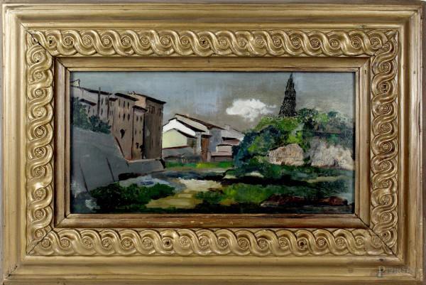 Paesaggio con case, olio su tavola, cm. 23x48, firmato B. Bezzi, entro cornice.