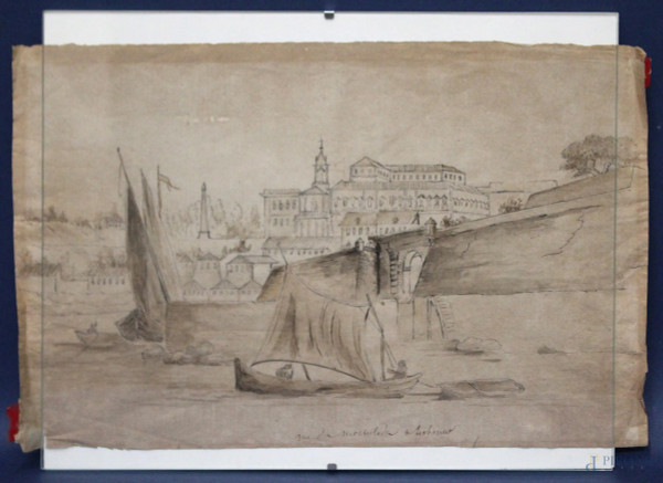 Veduta di Lisbona, disegno su carta, 21x33 cm, XIX sec.