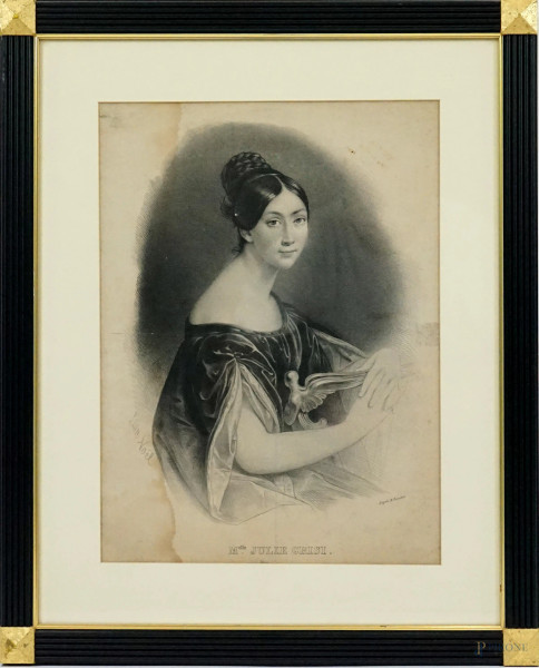 Stampa raffigurante Julie Grisi da Fracois Bouchot (1800-1842), cm 36,5x27, inizi XX secolo, entro cornice, (macchie sulla carta).
