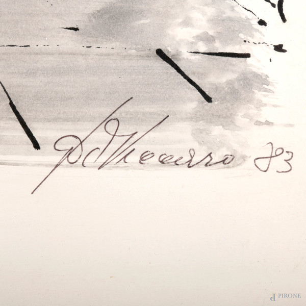 Scorcio di paese, stampa acquerellata a mano, XX secolo, firmato in basso a destra, cm 65x45 entr...