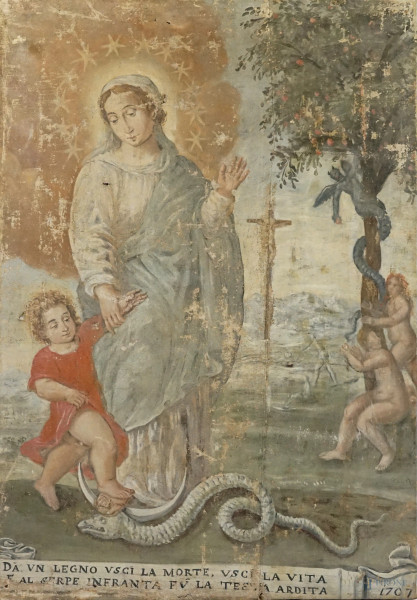 Pittore del XVIII secolo, Madonna con Bambino. Da un legno uscì la morte, uscì la vita […], olio su tela, cm 131,5x90,5, datato,  (difetti e cadute di colore).