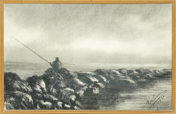 Pescatore sugli scogli, carboncino su carta, firmato e datato in basso a destra, cm 32,5x52, entro cornice