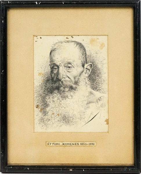 Ettore Ximenes - Ritratto d'anziano, china su carta, cm 16,5x12,5 circa, datato, entro cornice, (macchie).