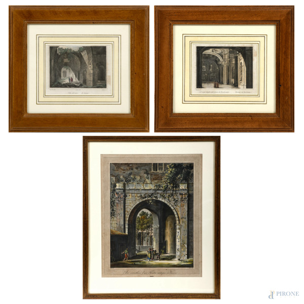 Lotto di tre stampe colorate, XIX secolo, misura massima cm 53x44 compreso passepartout, entro cornice, (difetti)