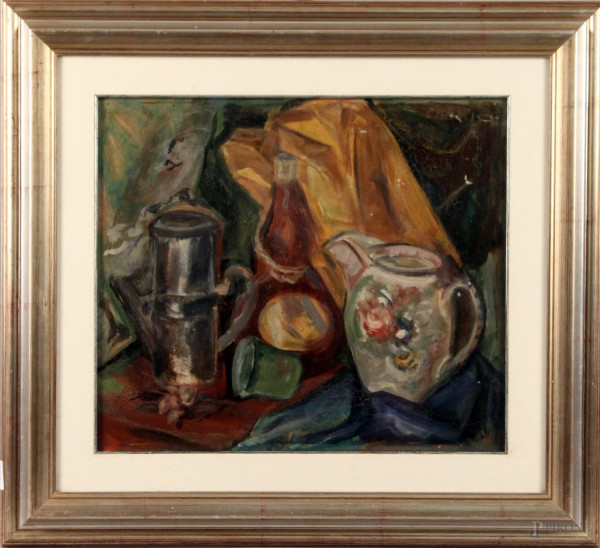 Giuseppe Canali - Natura morta, vasellame, olio su tavola, cm. 42x56, entro cornice.