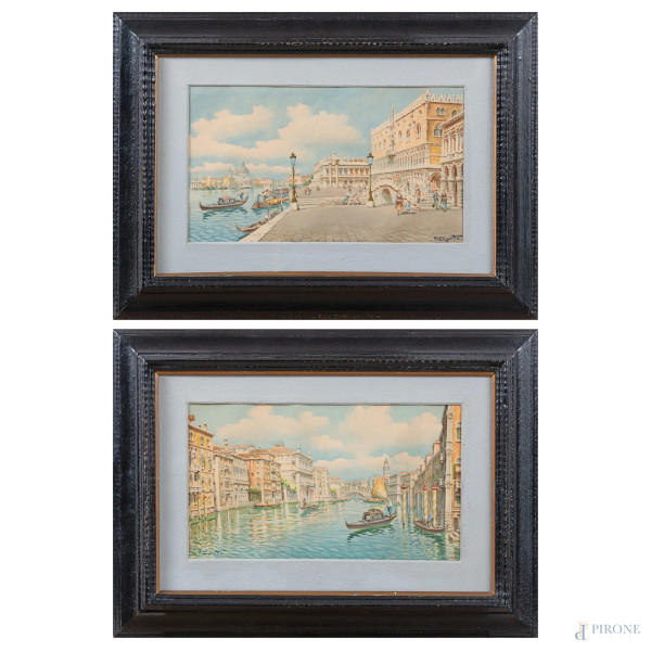 Lotto di due scorci veneziani, XX secolo, acquerello su carta, cm 22x38, firmati, entro cornice, (segni di usura, tracce di umidità, foxing, ondulazioni della carta)