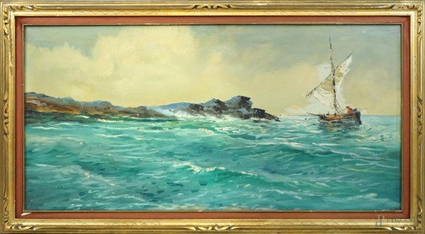 Marina con imbarcazione, olio su tela, cm 60x121, XX secolo, entro cornice.