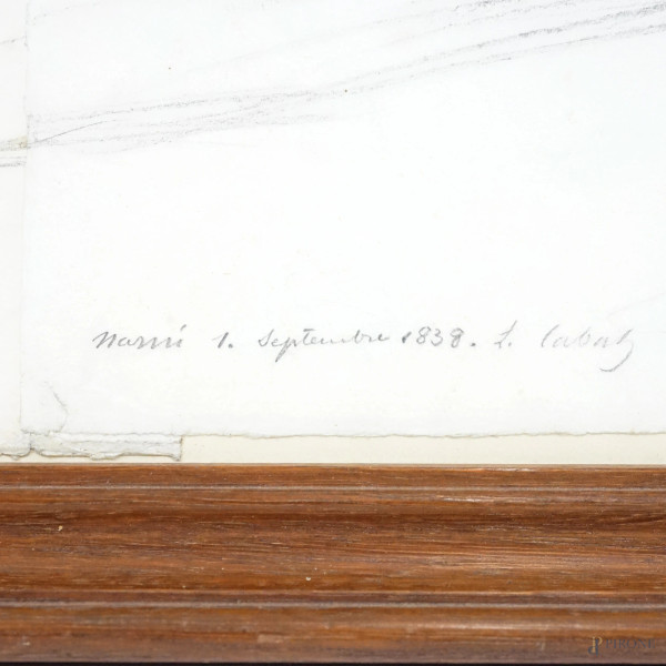 Paesaggio di Narni, matita su carta, firmato e datato L. Cabat 1838, cm 46x83, entro cornice, (di...