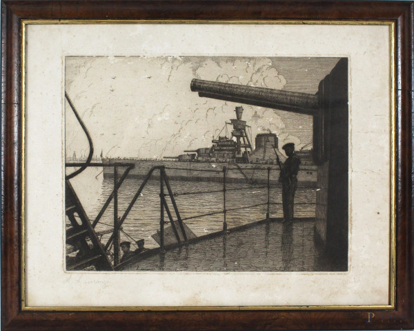 Laurenzio Laurenzi - Piroscafi con marinaio, incisione, cm. 34x44,5, datata 1931, entro cornice.