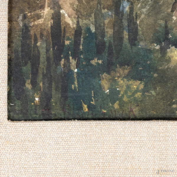 Scorcio di paese, XX secolo, acquerello su carta, cm 21,5x31, entro cornice, ondulazioni della ca...