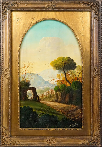 Paesaggio, olio su tavoletta, cm firmato R. Ippolito, cm 62x38, entro cornice
