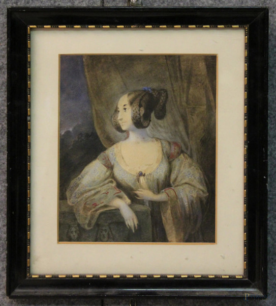 Ritratto di gentildonna, dipinto dell&#39;800 ad acquarello su carta 15x18 cm, entro cornice.