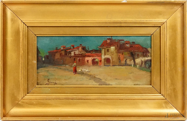 Scorcio di paese con contadina, olio su tavola, cm 13x29,5, firmato, entro cornice.