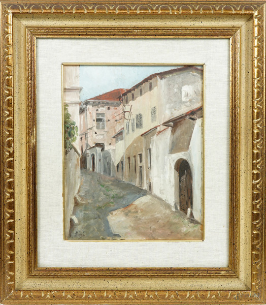 Scorcio di paese, olio su tavola, firmato, cm 35x27, entro cornice