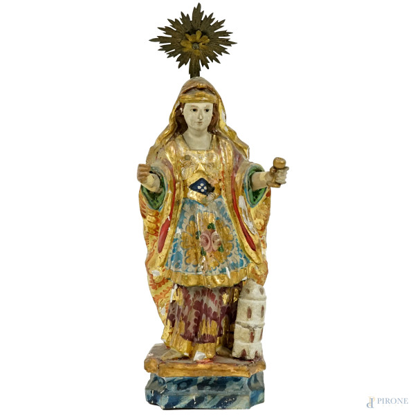 Santa Barbara, scultura in legno intagliato, dorato e dipinto in policromia, cm h 28, Brasile, XVIII - XIX secolo, (difetti, mancanze e restauri)