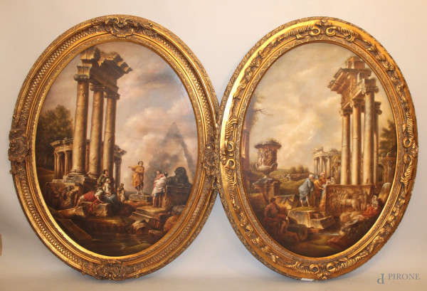 Coppia di architetture romane con figure