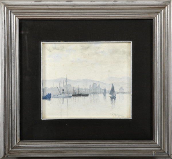 Francesco Perilla ( 1874-1954), Veduta di Istanbul, acquerello su carta, cm 20x23, firmato e datato "1921" in basso a destra, entro cornice, (segni di usura, tracce di umidità)