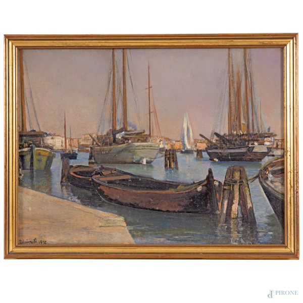 Coppia di dipinti raffiguranti porti, XX secolo, olio su cartone, cm 44,5x60,5, firmati e datati ...