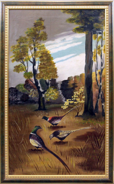 Paesaggio con fagiani, olio su tela, cm 77x45, firmato, entro cornice